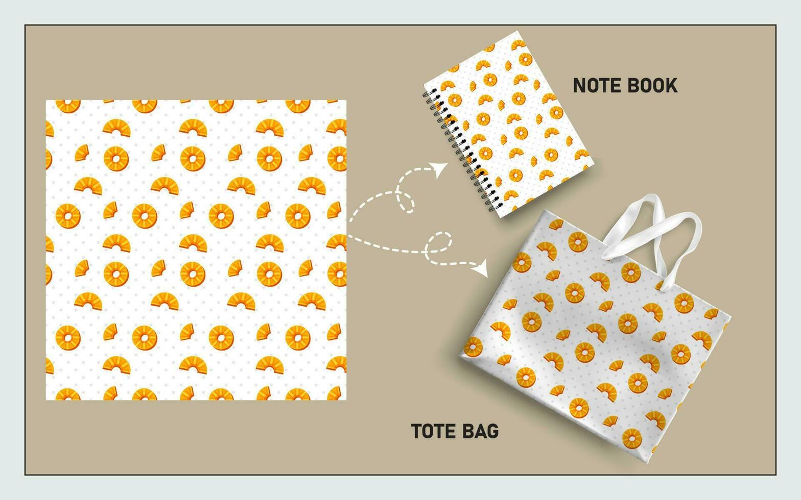 mockup tote zak en Notitie boek met ananas fruit, blad naadloos patroon. vector