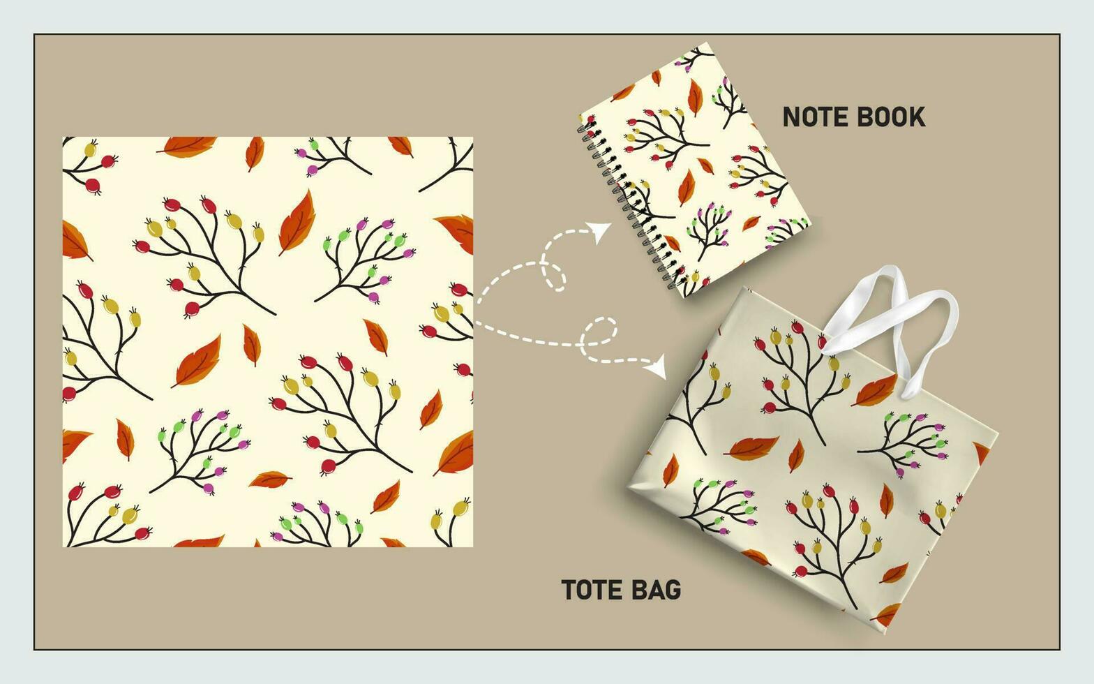 mockup tote zak en Notitie boek met BES, bladeren, bloem naadloos patroon. vector