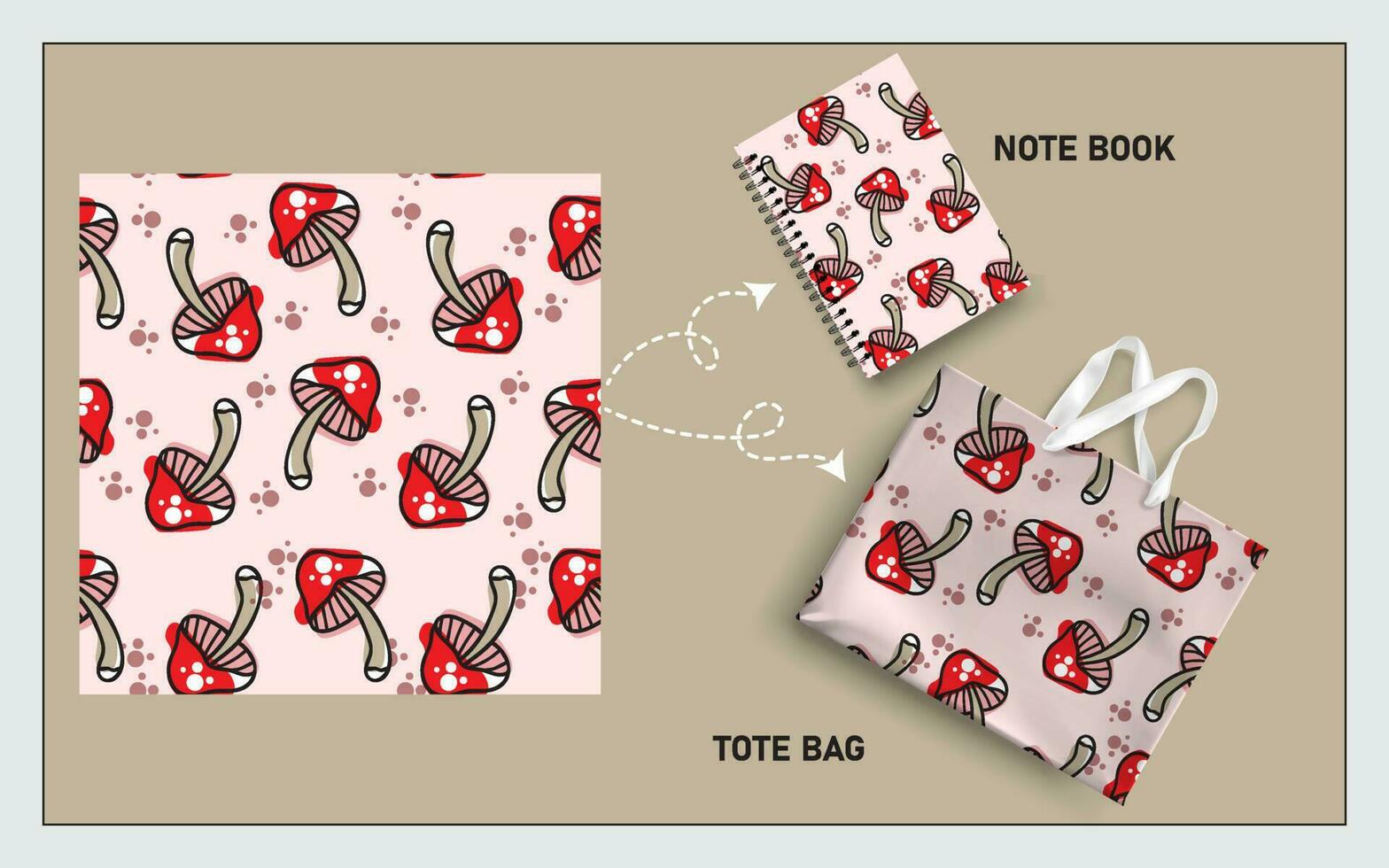 mockup tote zak en Notitie boek met paddestoel vector naadloos patroon.