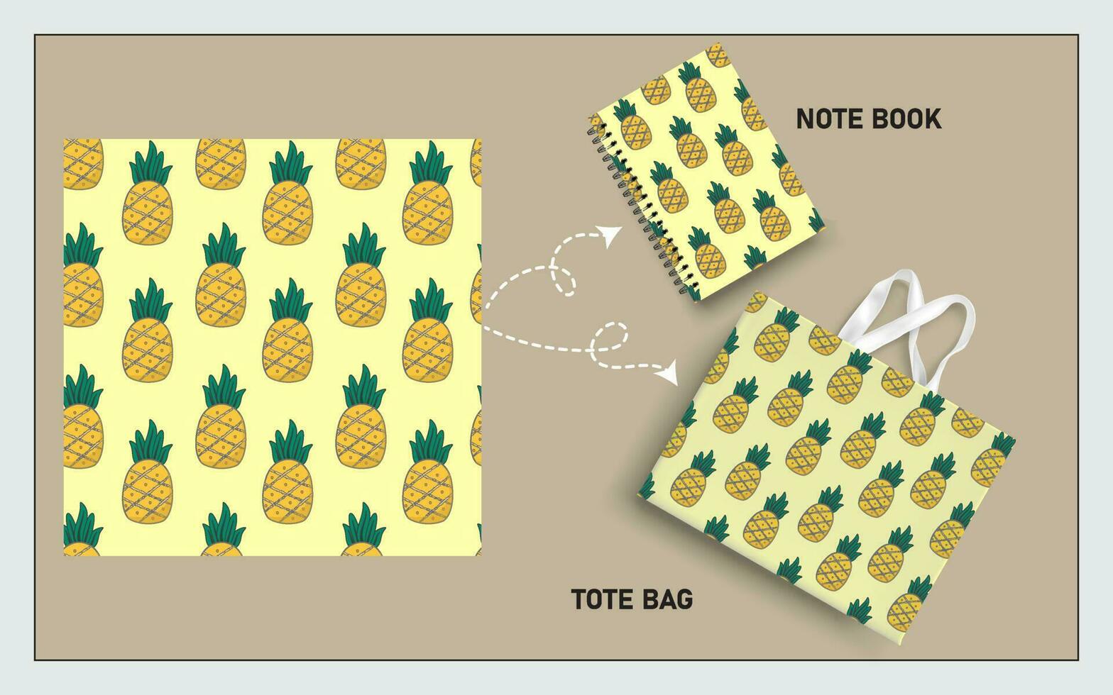 mockup tote zak en Notitie boek met ananas fruit, blad naadloos patroon. vector