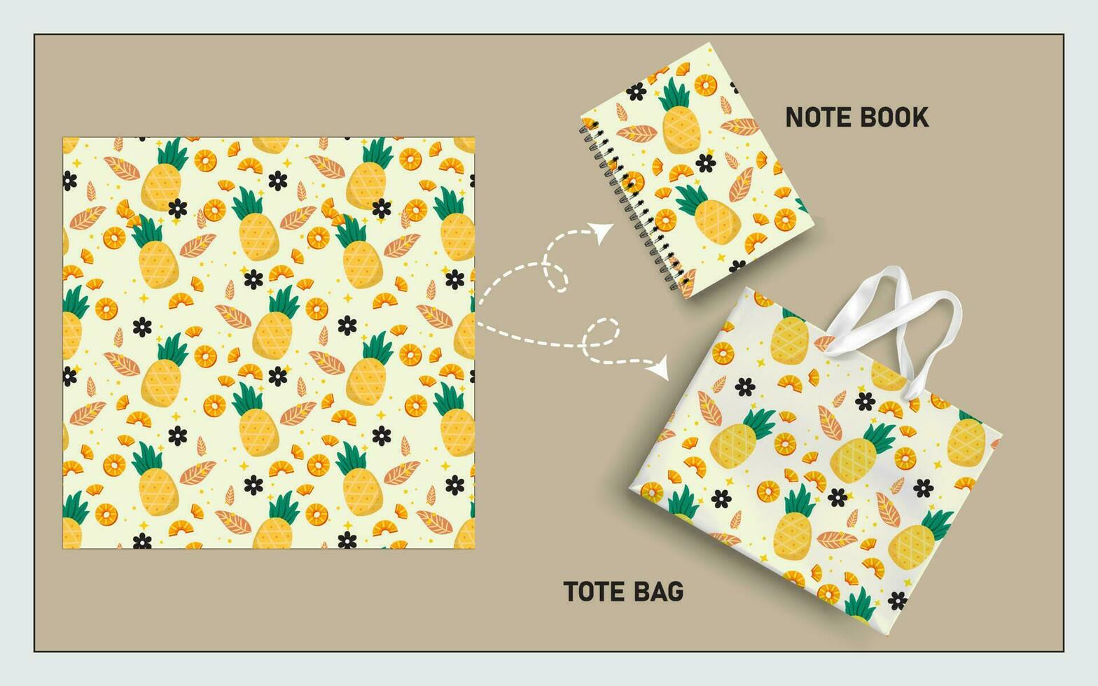 mockup tote zak en Notitie boek met ananas fruit, blad naadloos patroon. vector