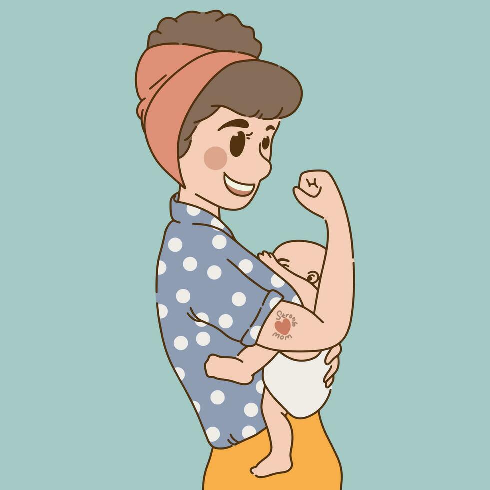 jong grijnzend super moeder Holding haar pasgeboren baby met onwankelbaar liefde vector illustratie