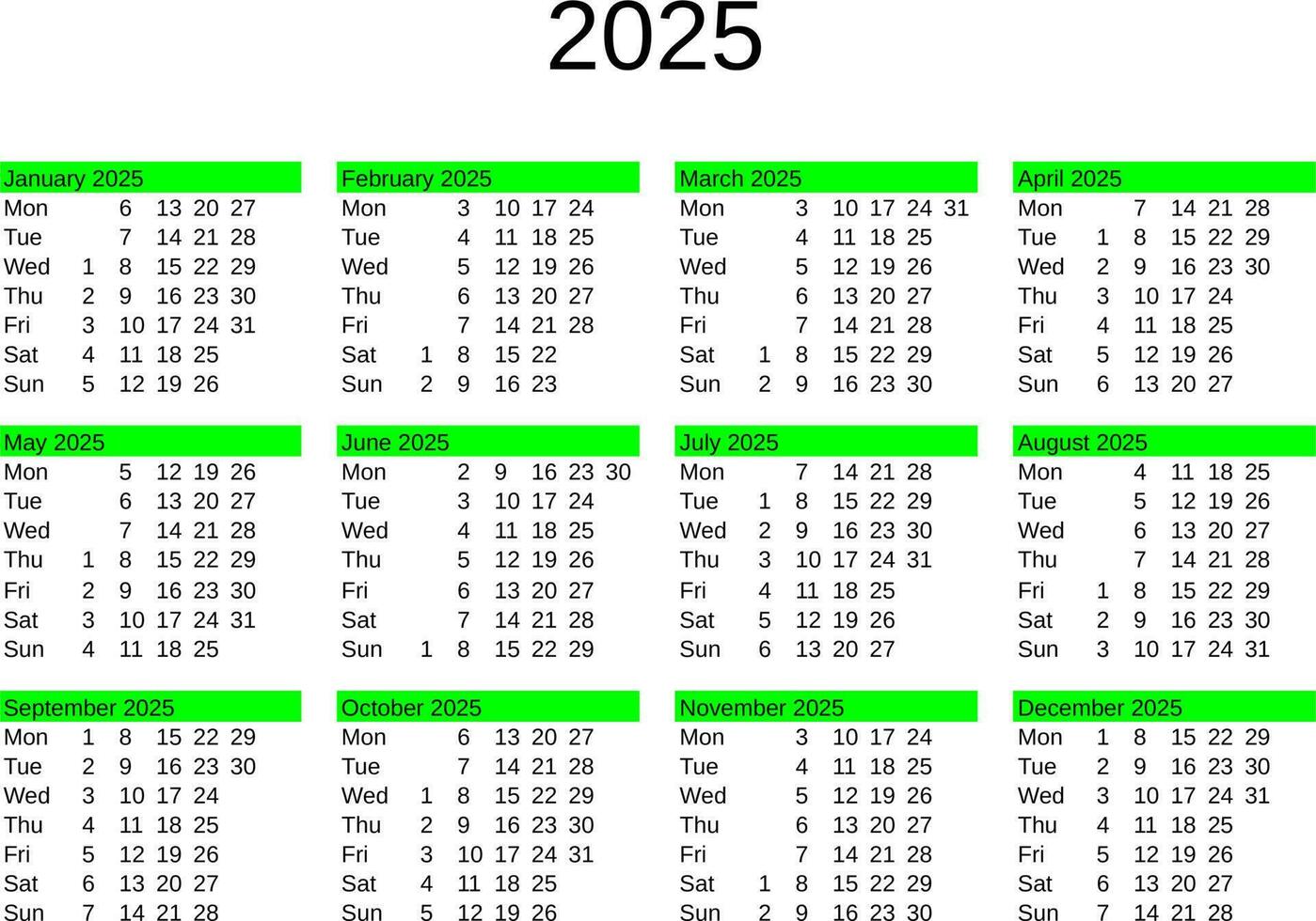 jaar 2025 kalender in Engels vector