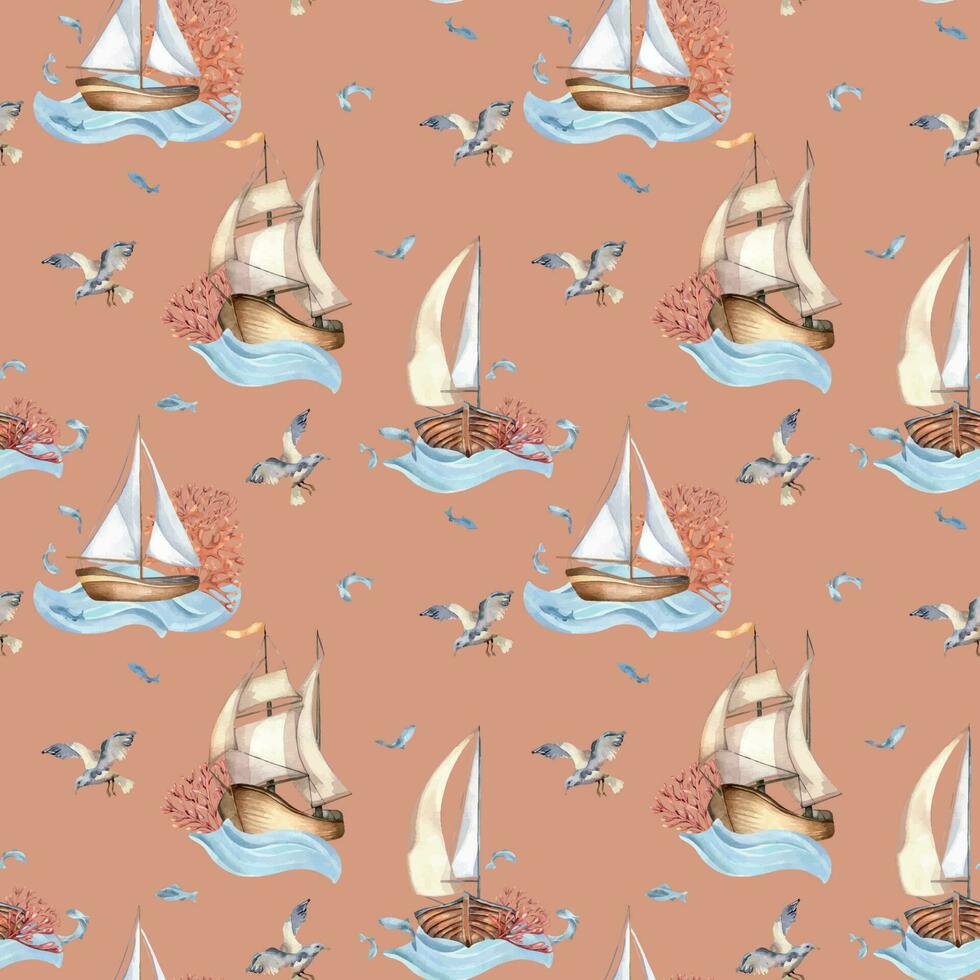 naadloos patroon van het zeilen schip wijnoogst stijl waterverf illustratie geïsoleerd Aan beige. zeilboot, vaartuig Aan golven, koraal, vis hand- getrokken. kinderachtig ontwerp element, behang, gedrukt producten vector