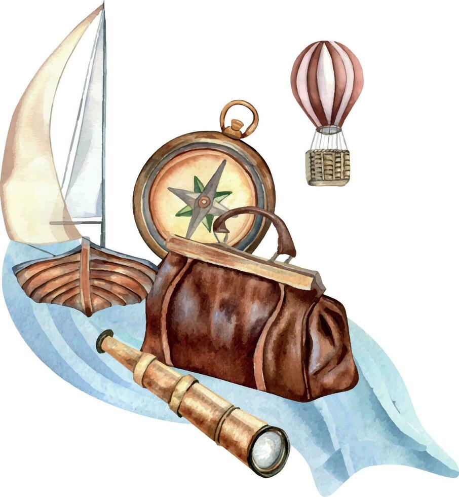 samenstelling van avontuur items wijnoogst stijl waterverf illustratie geïsoleerd Aan wit. kompas, verrekijker, zeilboot, heet lucht ballon hand- getrokken. kinderachtig ontwerp, element voor jongens afdrukken, ansichtkaart vector