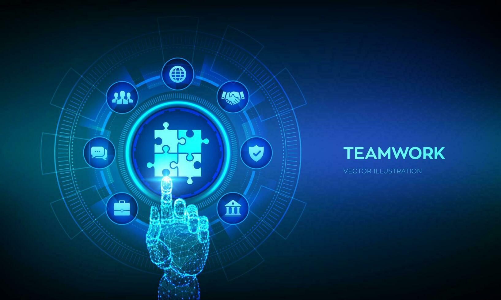 teamwerk. puzzel team elementen icoon. bedrijf vennootschap technologie concept Aan virtueel scherm. globaal samenwerking communicatie netwerk. robot hand- aanraken digitaal koppel. vector illustratie.