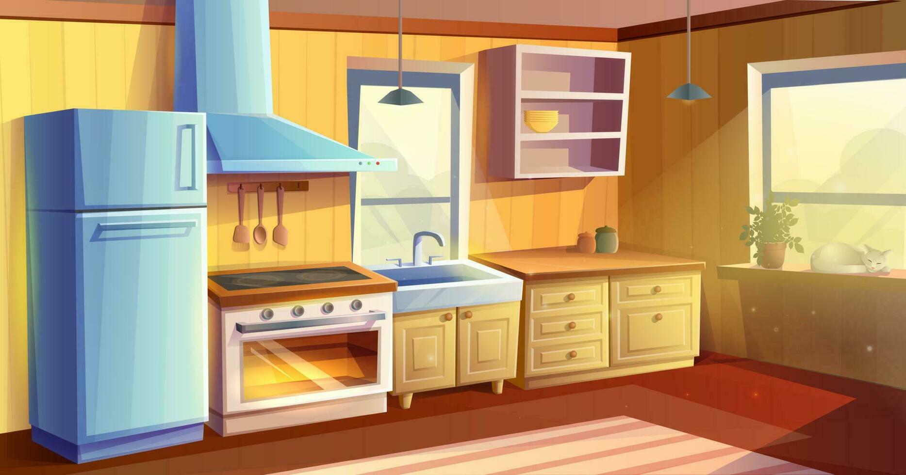vector tekenfilm stijl illustratie van keuken kamer. dining kamer. koelkast, oven met een fornuis en kookplaat, wasbak, kabinetten en afzuigkap kap.