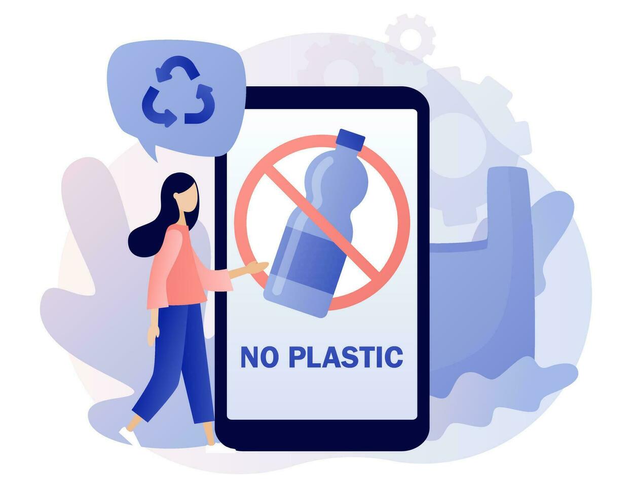 Nee plastic teken Aan smartphone scherm. klein mensen tegen plastic afval. verminderen vervuiling. milieu concept. modern vlak tekenfilm stijl. vector illustratie Aan wit achtergrond