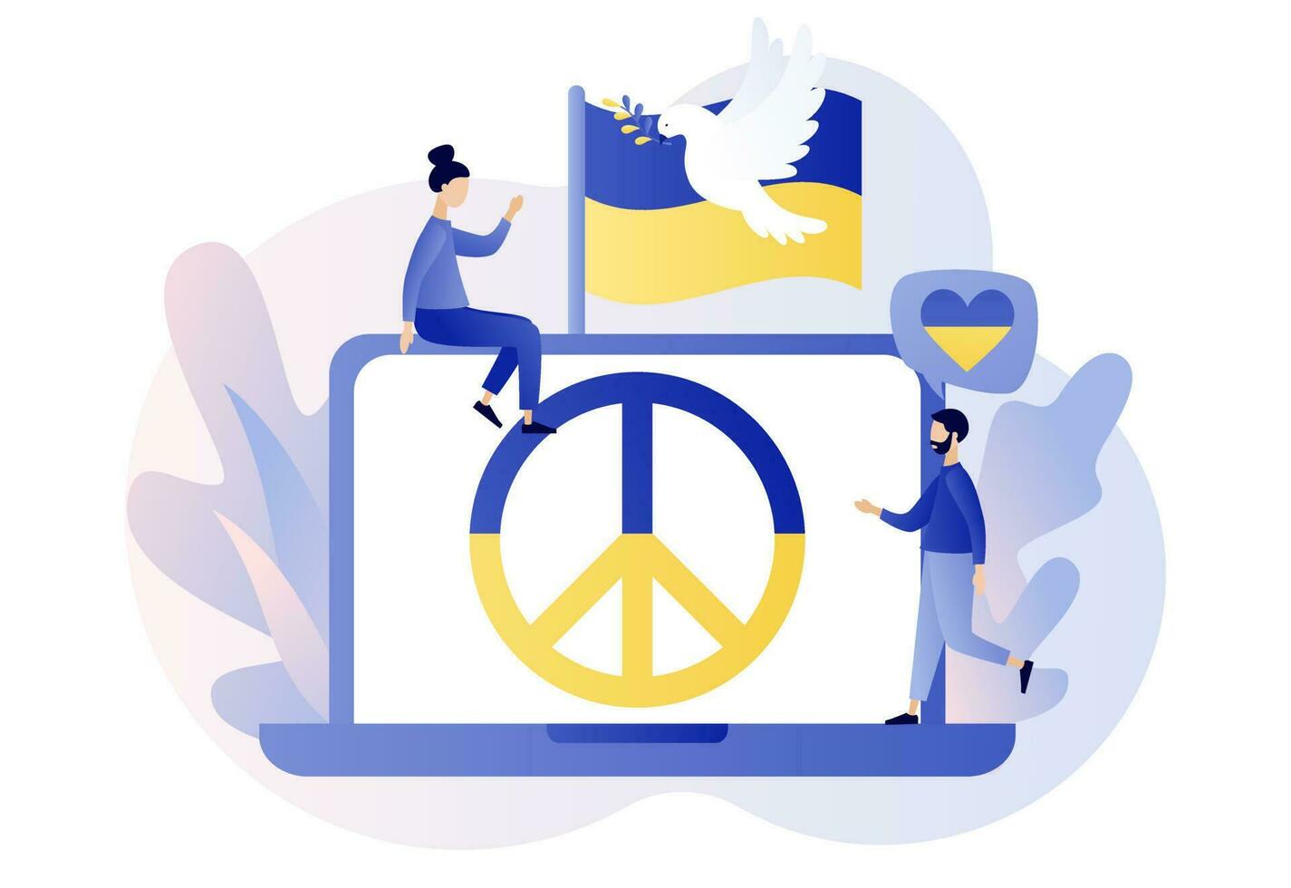 Oekraïne vrede symbolen Aan laptop scherm. vlag van Oekraïne. duif van vrede. staan met Oekraïne. hou op oorlog. Nee oorlog. modern vlak tekenfilm stijl. vector illustratie Aan wit achtergrond