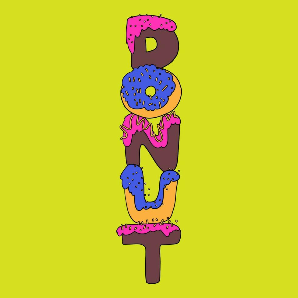 tekening grappig belettering voor donut liefhebbers. helder donut brieven. belettering voor nationaal donut dag vector