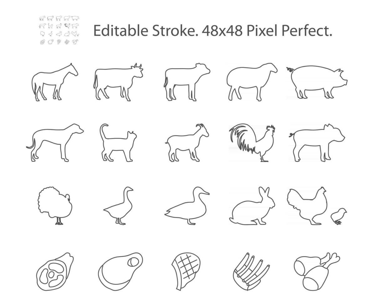 boerderijdieren vlees gerelateerde vector lijn iconen