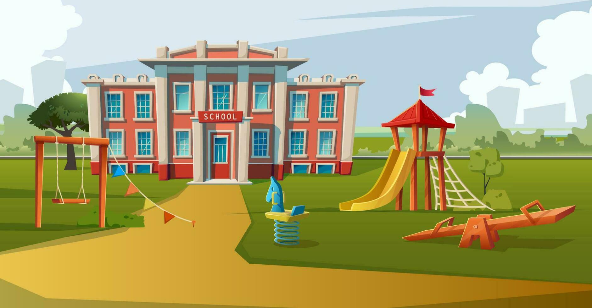 vector tekenfilm stijl illustratie. school- gebouw met kinderen Speel Oppervlakte vooraan.