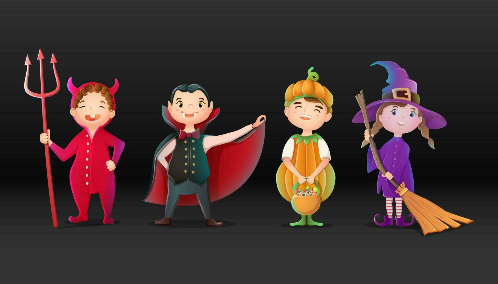 vector verzameling van tekenfilm halloween karakters, duivel, heks, pompoen en dracula.
