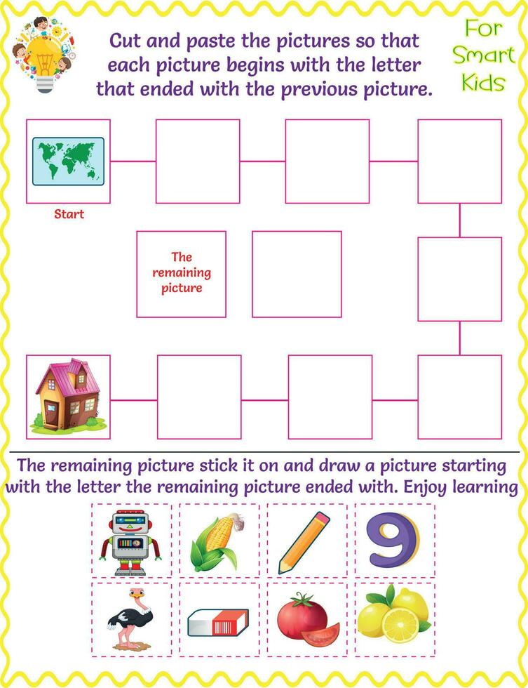 logica werkblad voor kinderen, besnoeiing en Plakken de afbeeldingen, leerzaam brieven spel, prima motor vaardigheden, genieten aan het leren, kaart, potlood, citroen, negen, gom, robot, tomaat, struisvogel, huis, en maïs vector