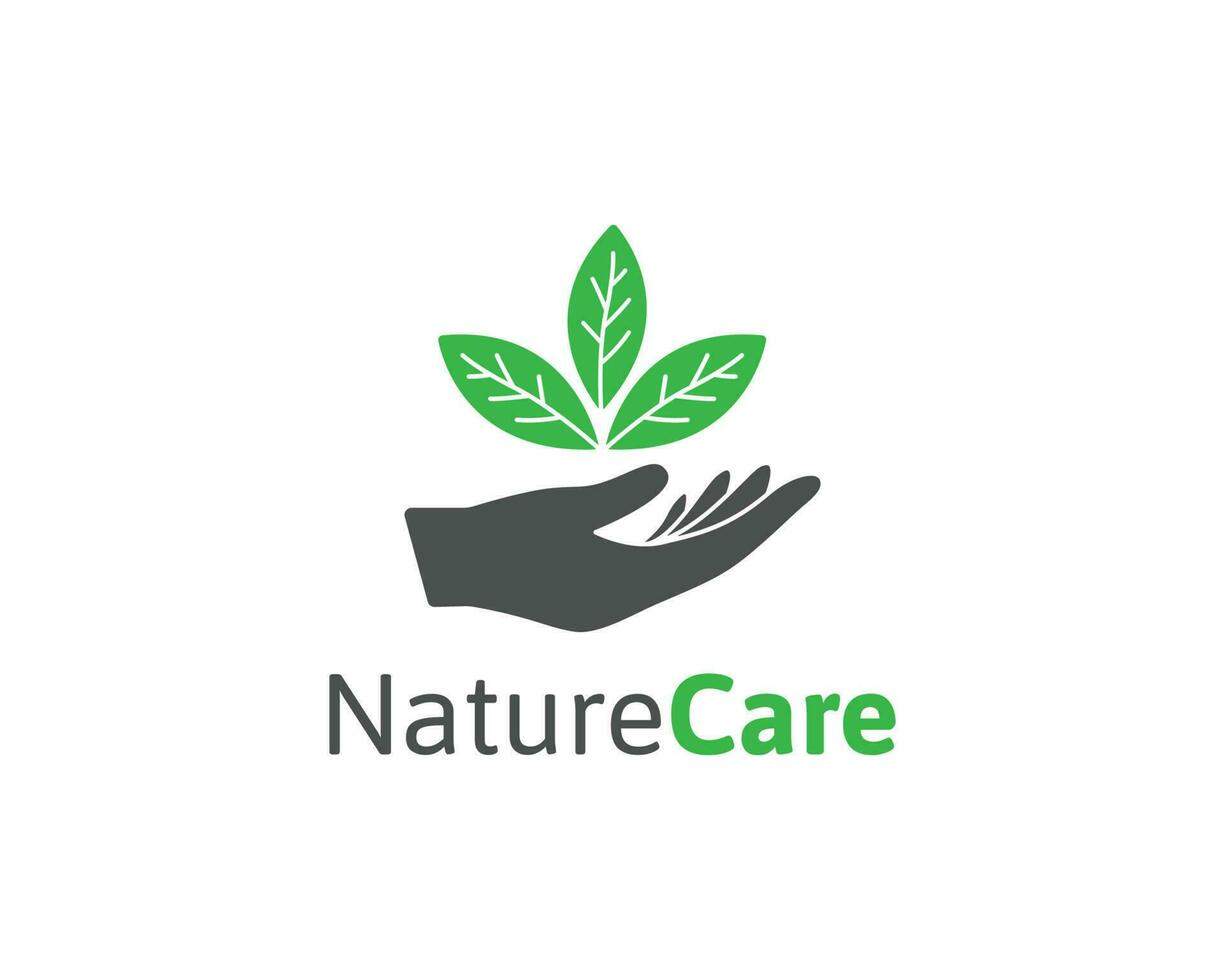 natuur zorg logo met blad en hand- illustratie vector