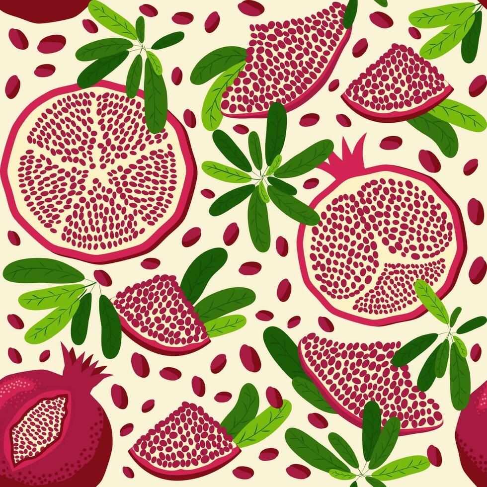 granaatappel fruit naadloos patroon. helder bladeren en fruit, zaden en lobben. Shana tova naadloos patroon vector