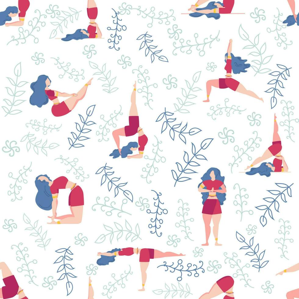 yoga naadloos patroon vrouw is betrokken. yoga poseert, lotus, monstera. Gezondheid van geest en lichaam vector