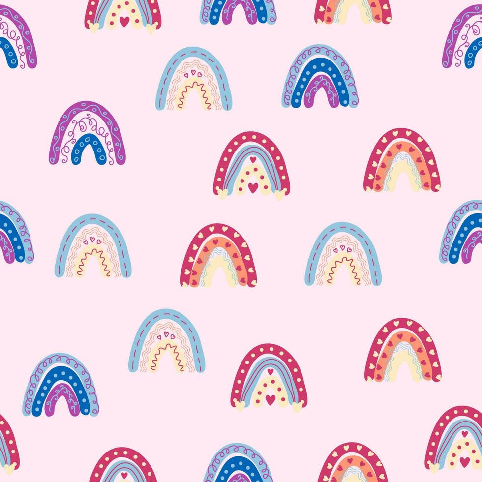 naadloos patroon bevallig regenbogen in boho kleuren. Scandinavisch baby hand- stijl voor pasgeborenen. vector