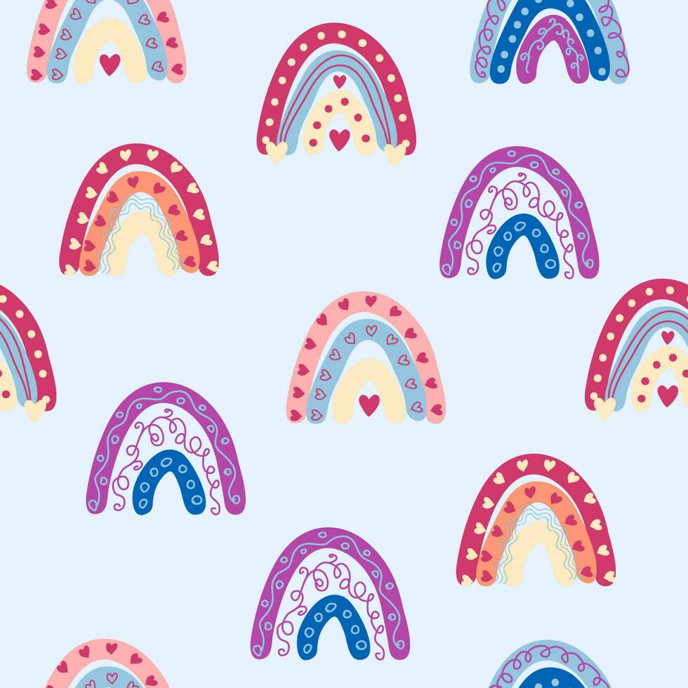 naadloos patroon bevallig regenbogen in boho kleuren. Scandinavisch baby hand- stijl voor pasgeborenen. vector