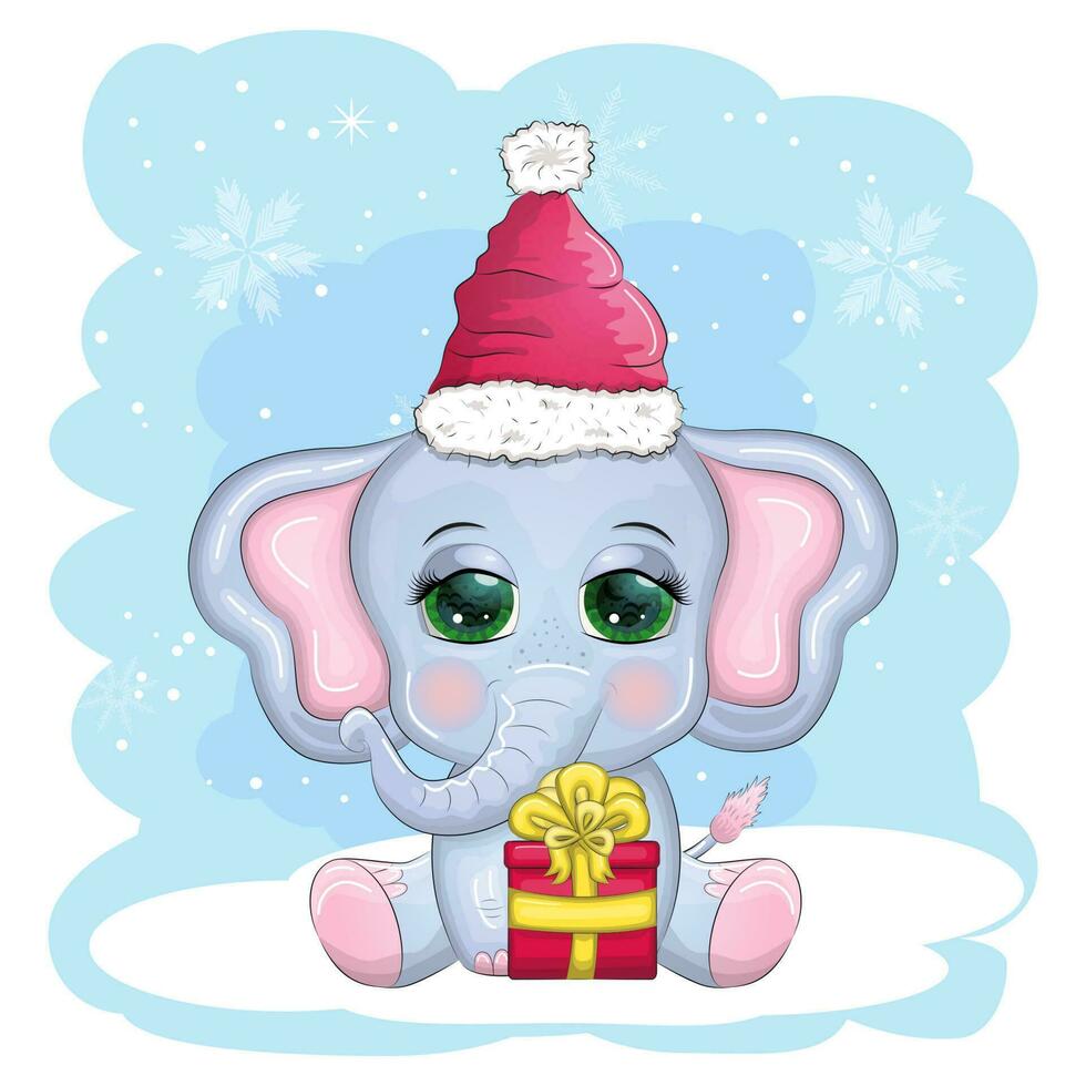 schattig tekenfilm olifant, kinderachtig karakter met mooi ogen vervelend de kerstman hoed, sjaal, Holding geschenk, Kerstmis bal vector