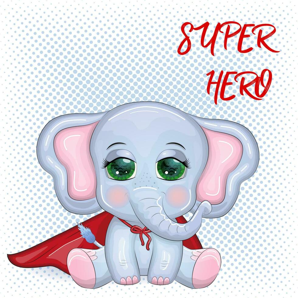schattig tekenfilm olifant, kinderachtig karakter in super held rood kaap vector