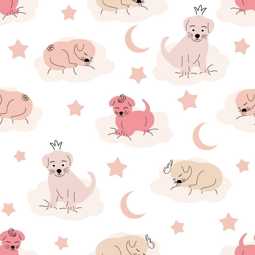 schattig slapen pup, wolken, sterren, kroon, vlinders naadloos patroon. teder kleuren. voor pasgeborenen vector