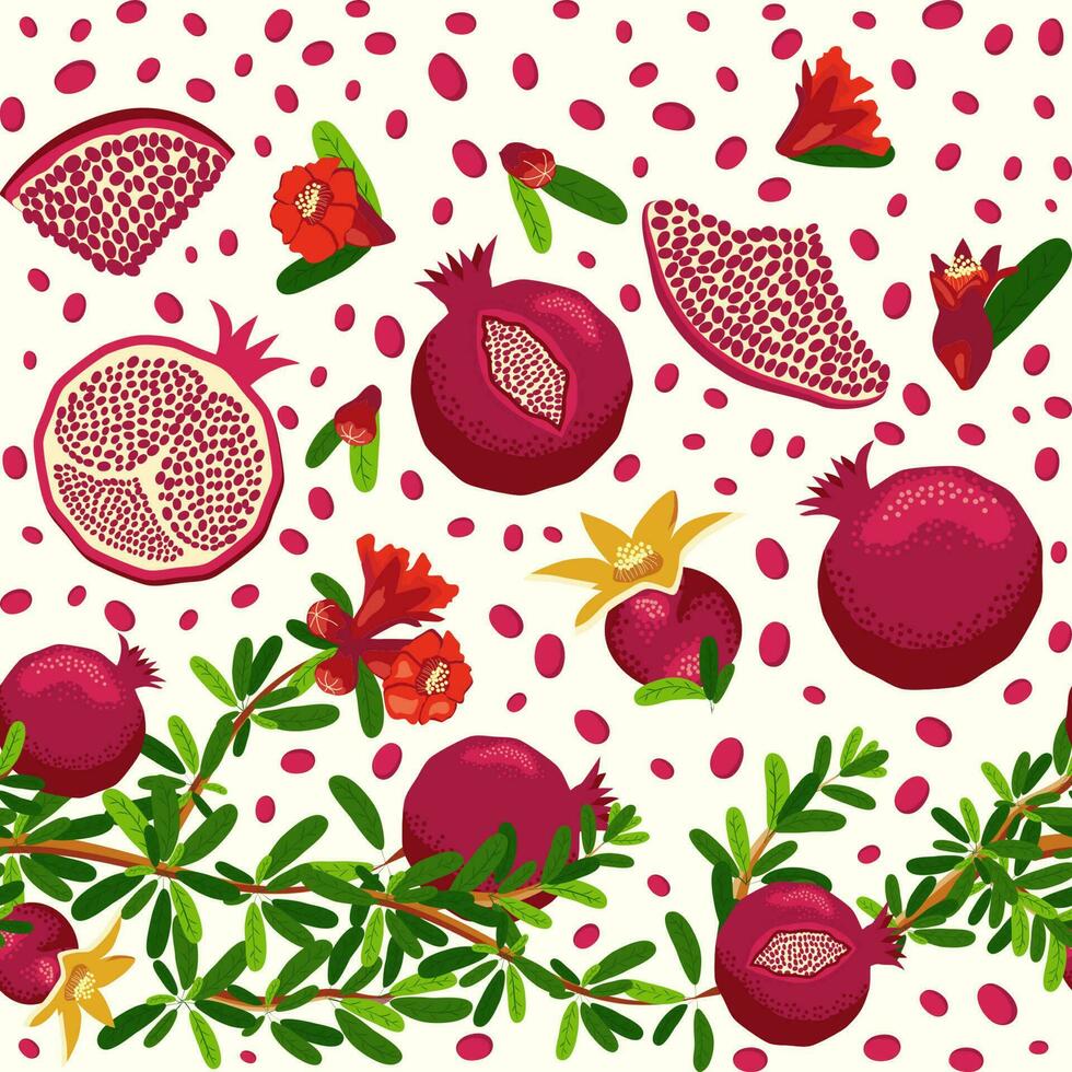 granaatappel takken met fruit en bloemen naadloos patroon. helder bladeren en vruchten. Joods nieuw jaar vector