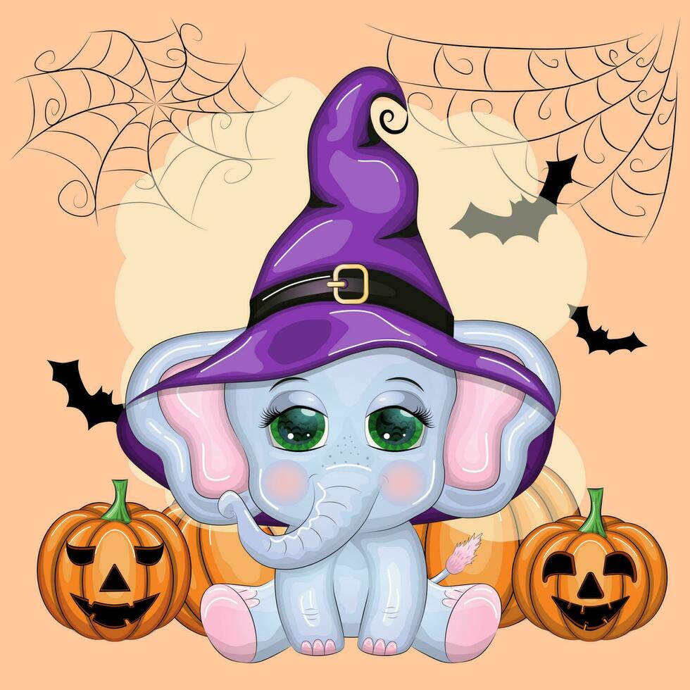 schattig tekenfilm olifant, kinderachtig karakter in tovenaar hoed met pompoen, toverdrank of bezem. halloween ansichtkaart vector