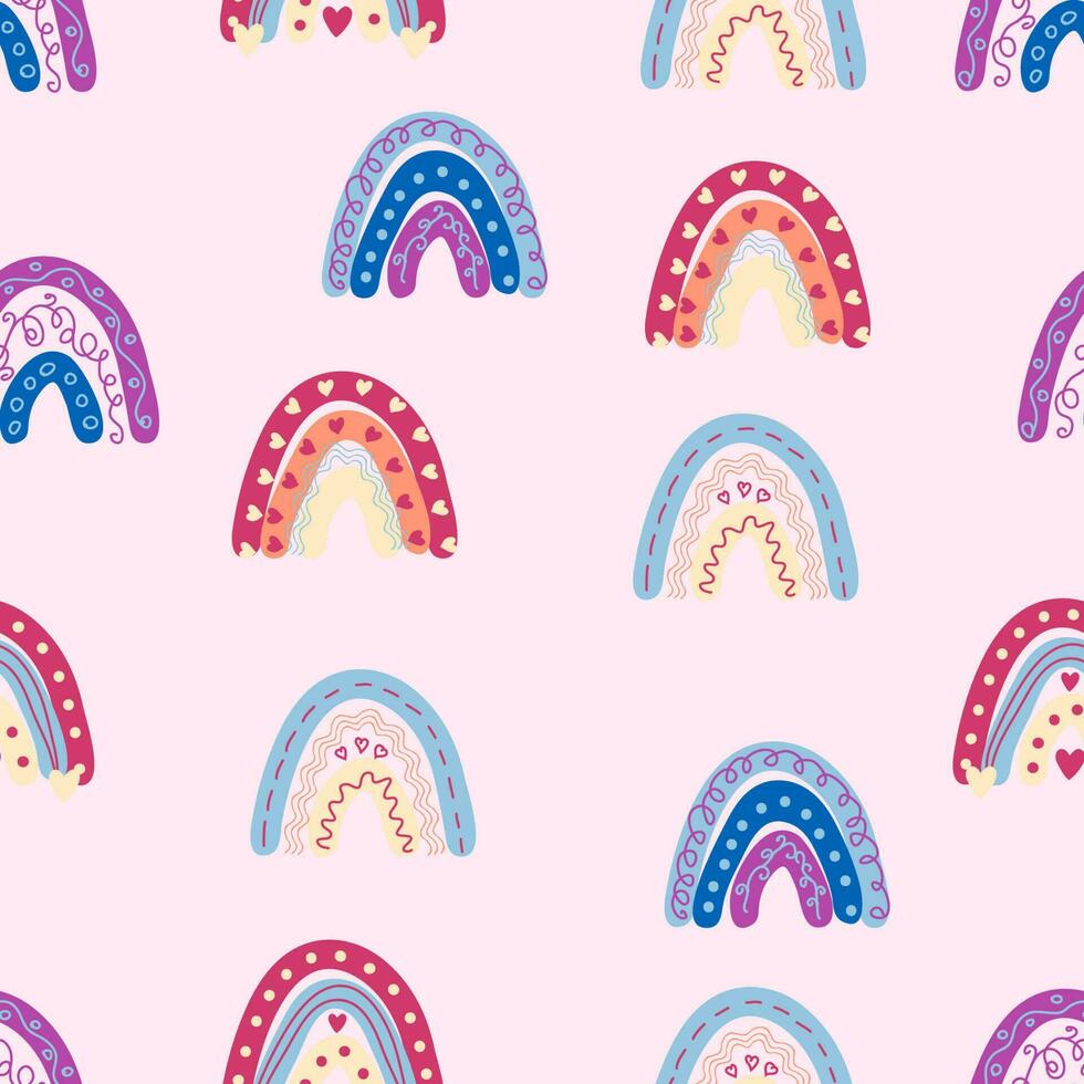 naadloos patroon bevallig regenbogen in boho kleuren. Scandinavisch baby hand- stijl voor pasgeborenen. vector