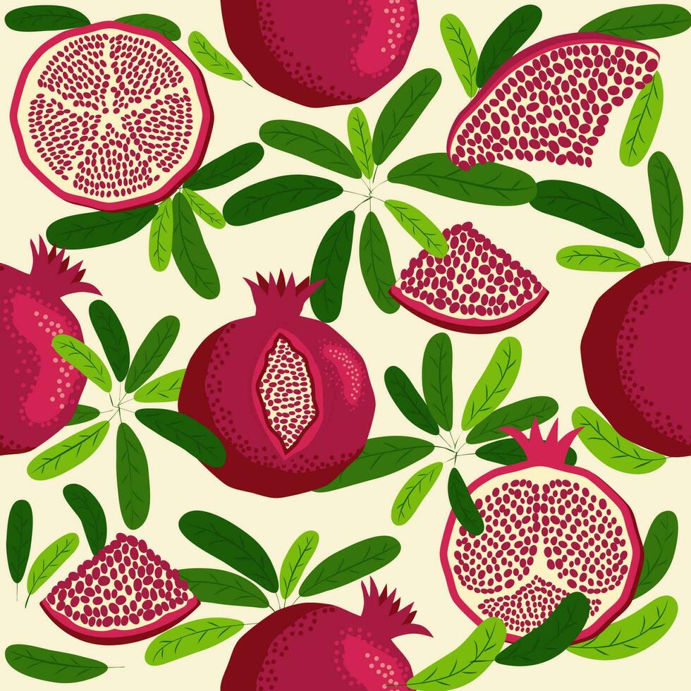 granaatappel fruit naadloos patroon. helder bladeren en fruit, zaden en lobben. Shana tova naadloos patroon vector