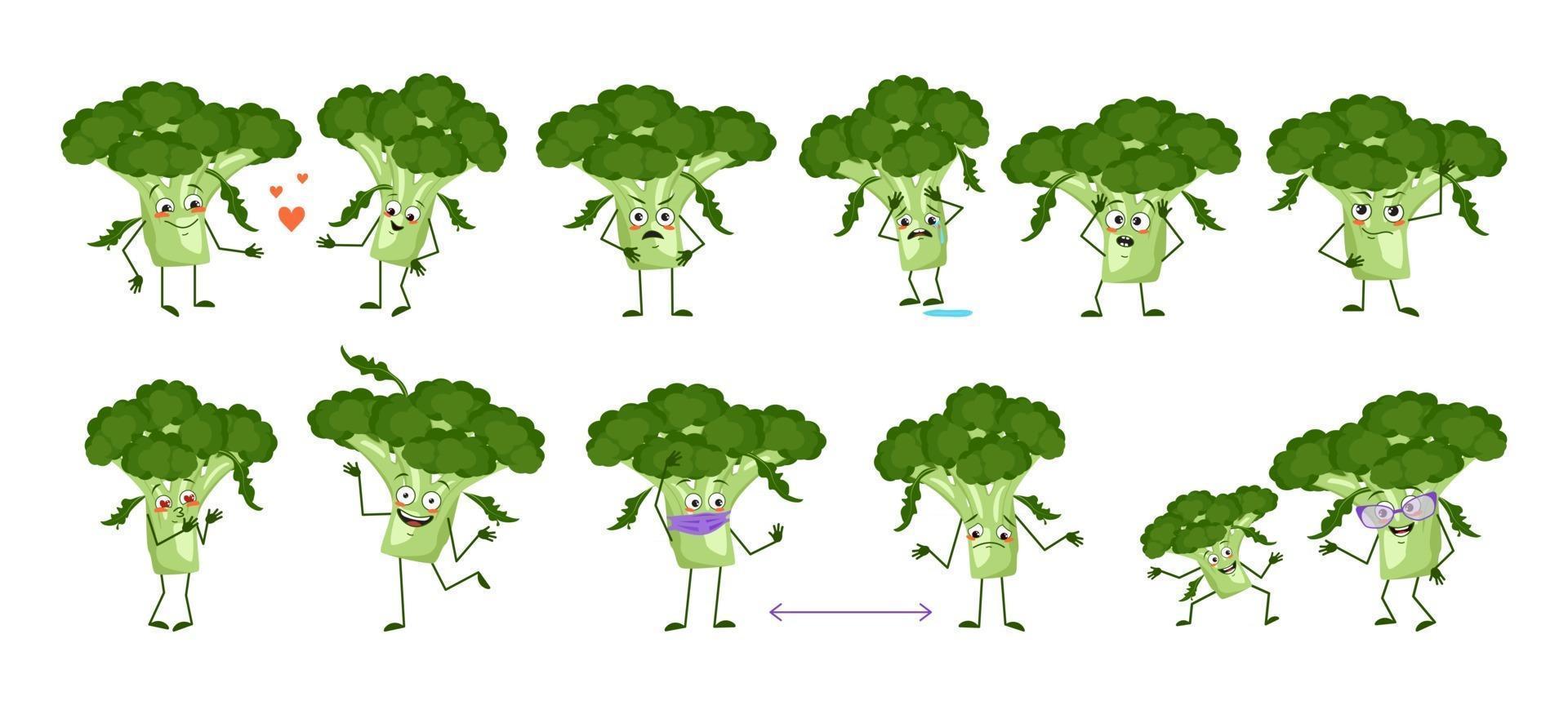 set van schattige broccoli karakters met emoties gezichten armen en benen grappige of verdrietige helden groene groenten spelen verliefd op afstand houden vector