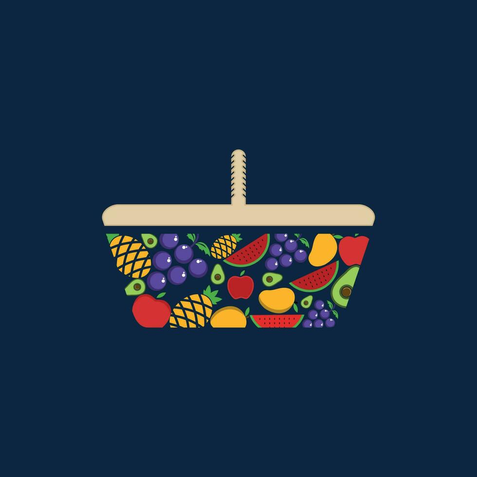 voedsel op te slaan logo ontwerp concept, kruidenier logo illustratie, mand met voedsel logo, minimaal gemakkelijk insigne met vers groenten in een mand vector