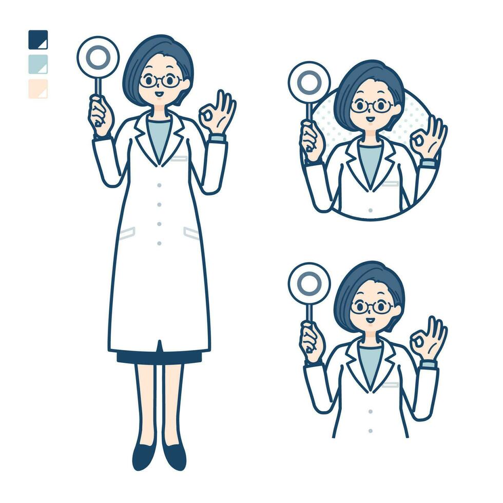 een vrouw dokter in een laboratorium jas met zetten uit een cirkel paneel afbeeldingen vector