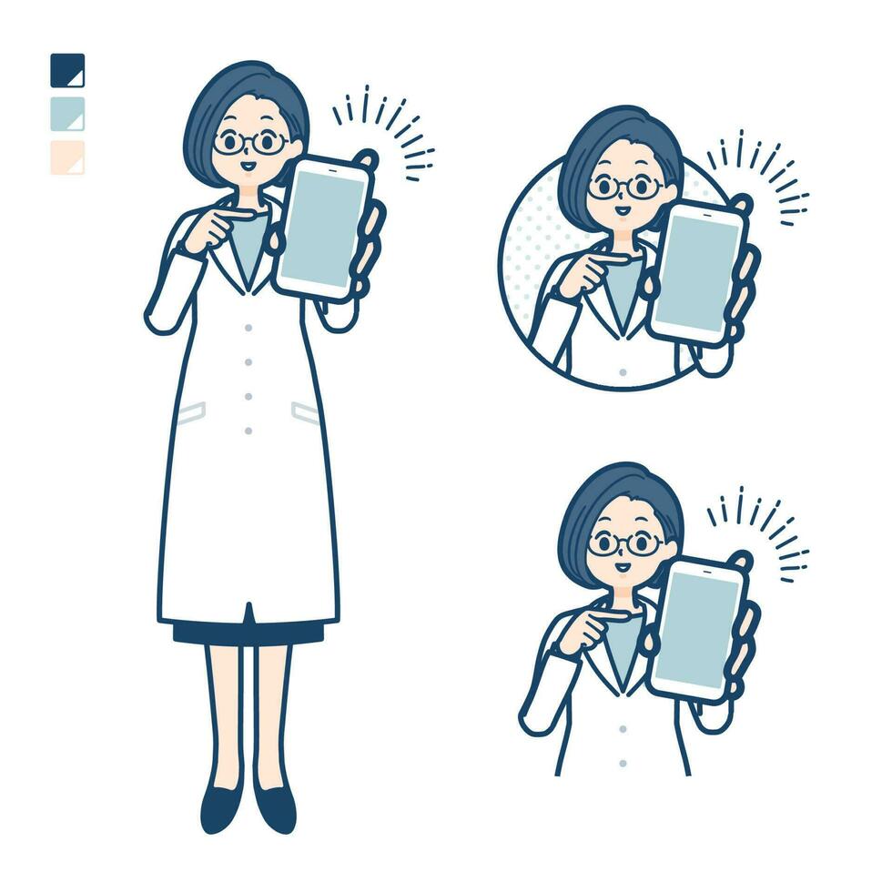 een vrouw dokter in een laboratorium jas met aanbod een smartphone afbeeldingen vector