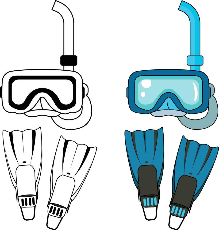 snorkelen en duiken uitrusting vin en masker zwart en wit lijn tekening en gekleurde vector illustratie