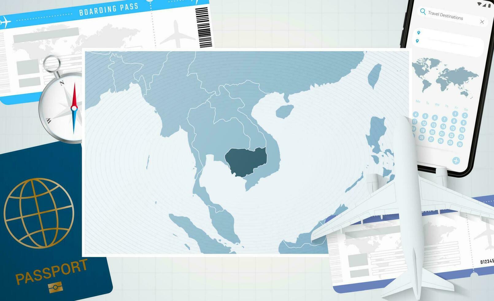 reis naar Cambodja, illustratie met een kaart van Cambodja. achtergrond met vliegtuig, cel telefoon, paspoort, kompas en kaartjes. vector