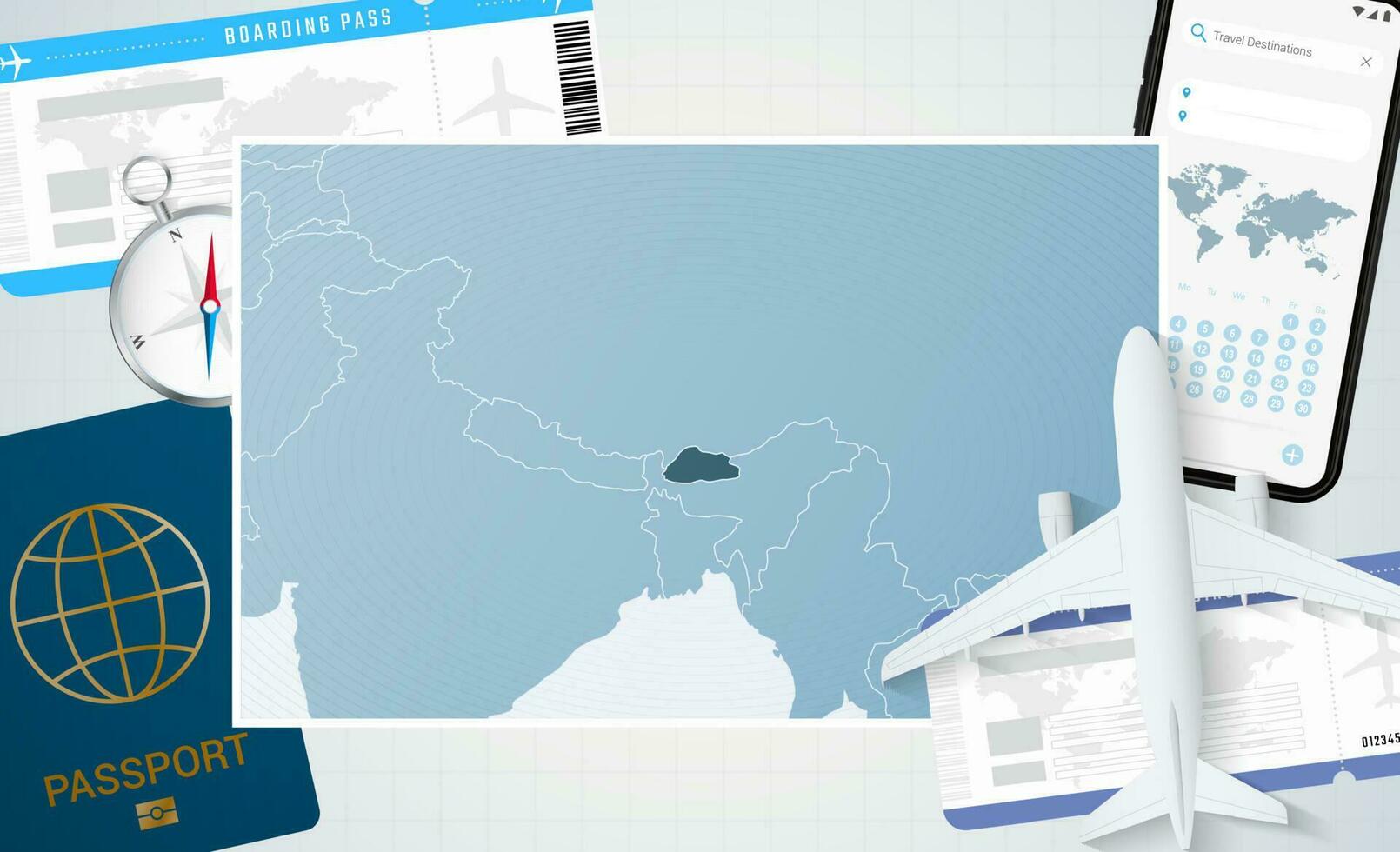 reis naar bhutan, illustratie met een kaart van bhutan. achtergrond met vliegtuig, cel telefoon, paspoort, kompas en kaartjes. vector