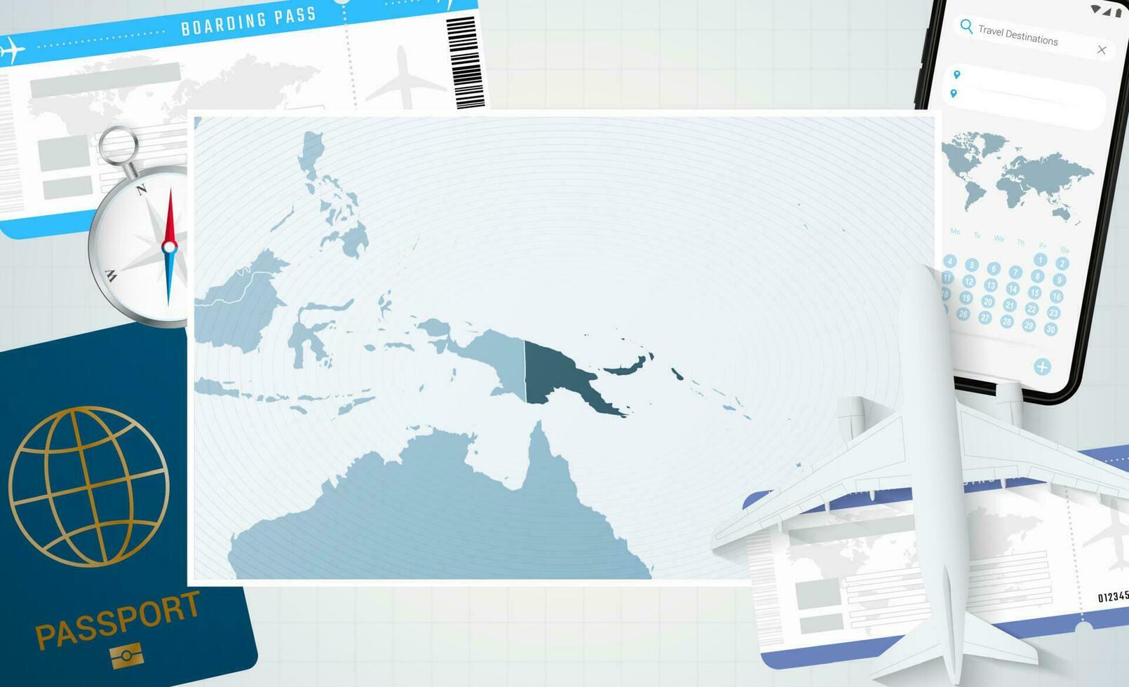 reis naar Papoea nieuw Guinea, illustratie met een kaart van Papoea nieuw Guinea. achtergrond met vliegtuig, cel telefoon, paspoort, kompas en kaartjes. vector