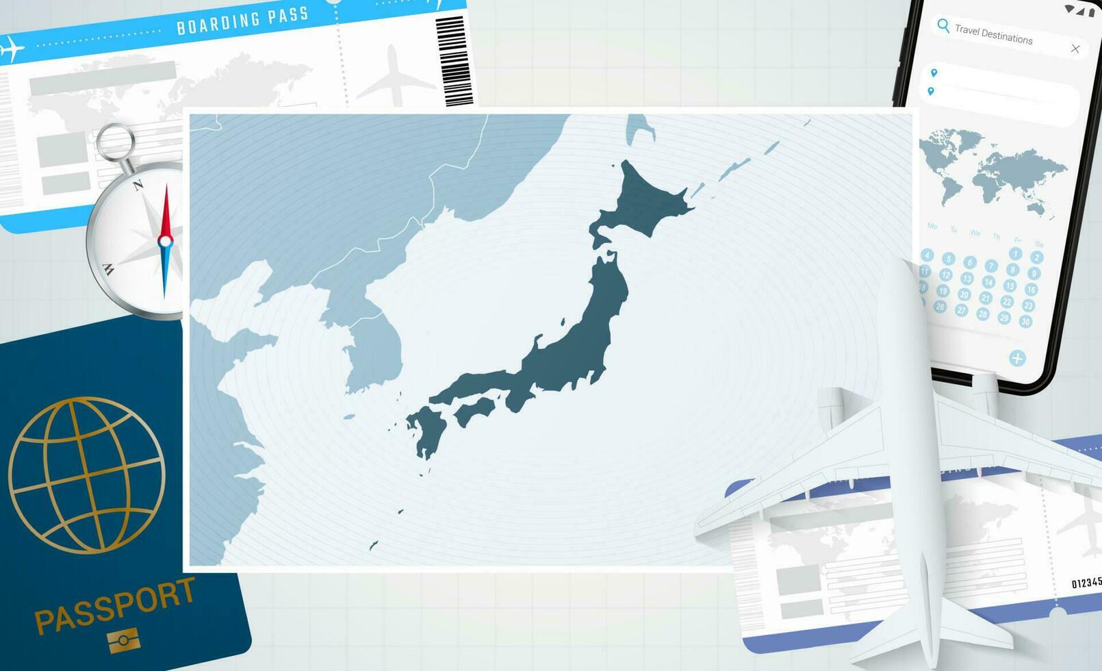 reis naar Japan, illustratie met een kaart van Japan. achtergrond met vliegtuig, cel telefoon, paspoort, kompas en kaartjes. vector