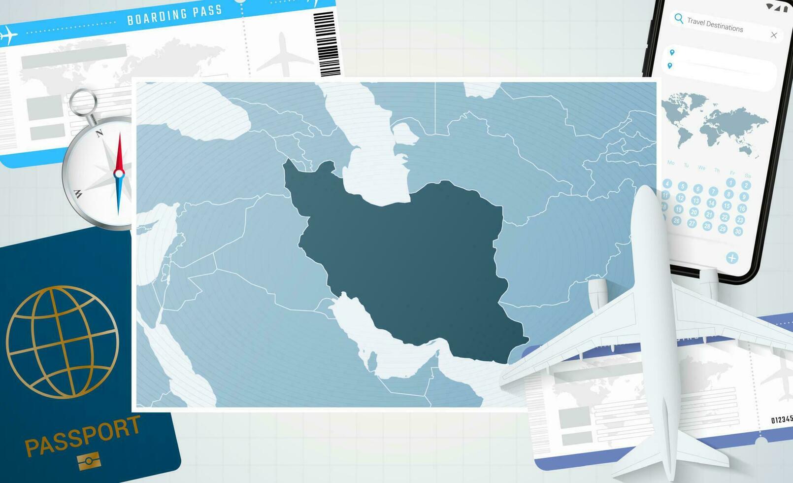 reis naar iran, illustratie met een kaart van iran. achtergrond met vliegtuig, cel telefoon, paspoort, kompas en kaartjes. vector