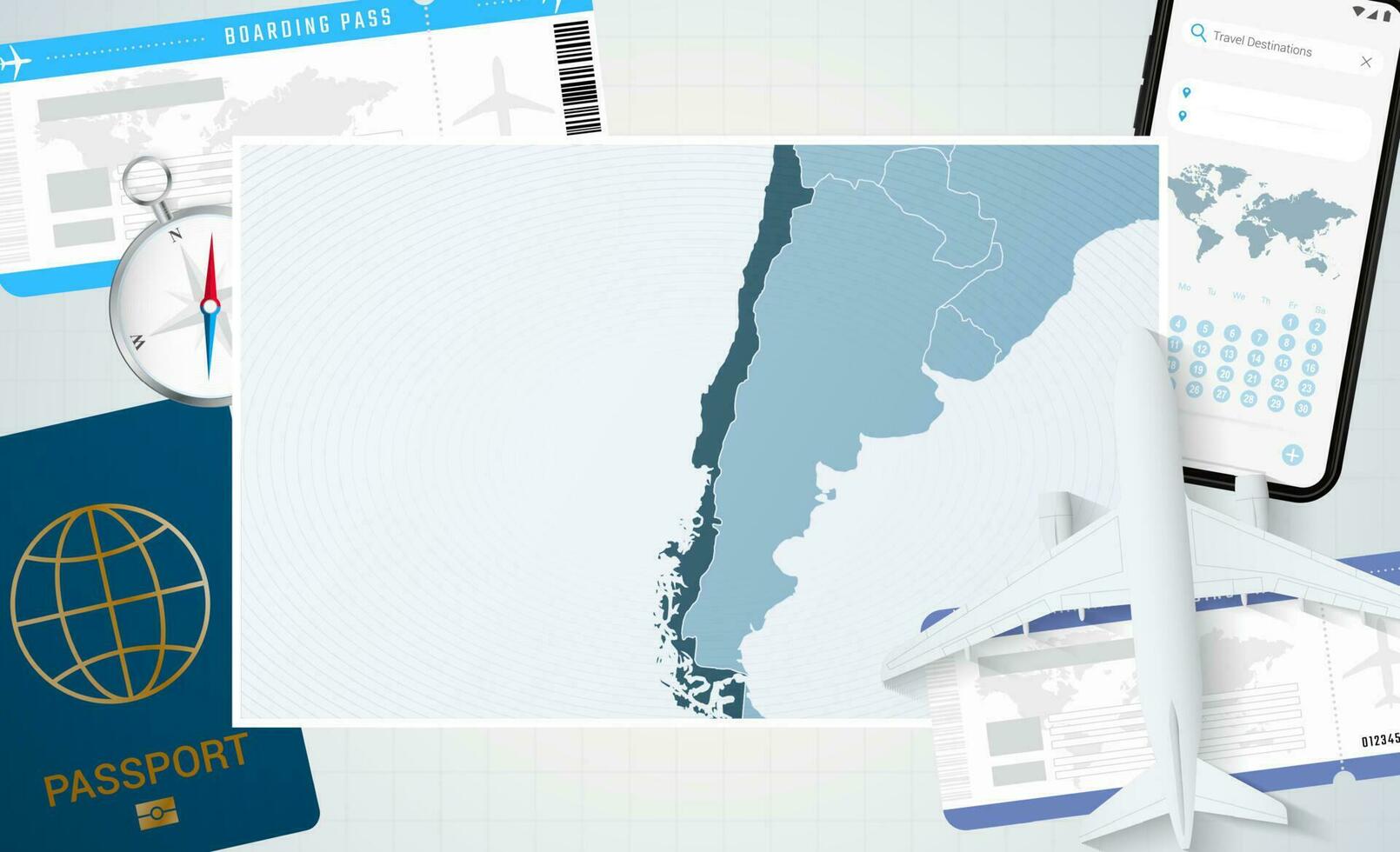 reis naar Chili, illustratie met een kaart van Chili. achtergrond met vliegtuig, cel telefoon, paspoort, kompas en kaartjes. vector