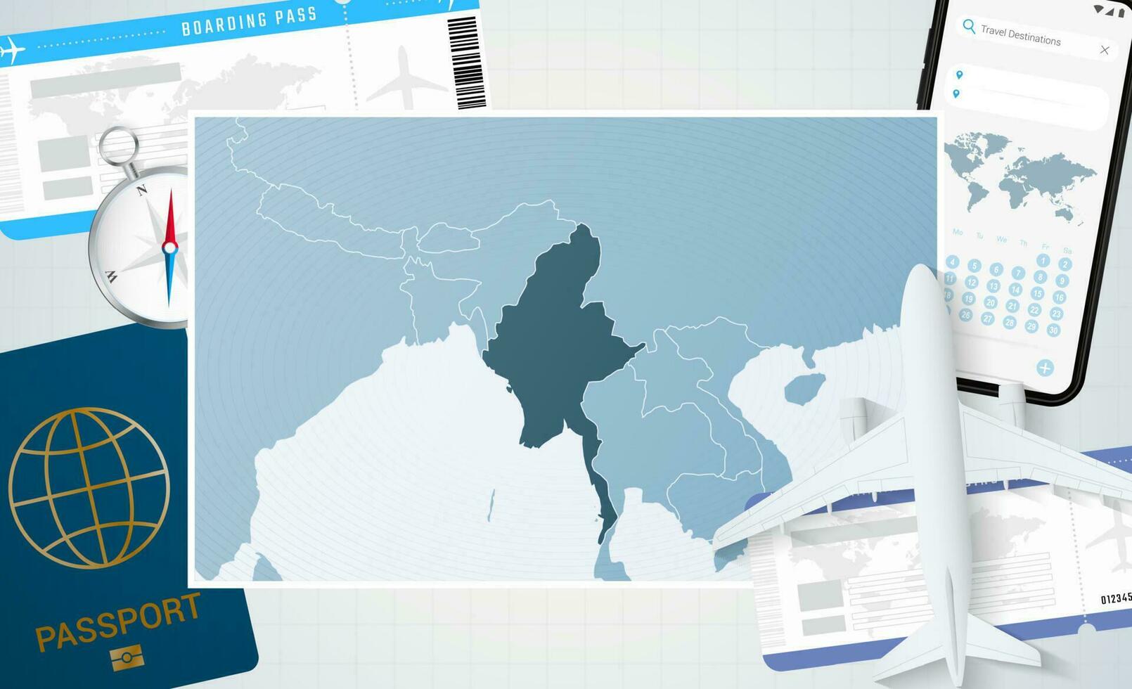 reis naar myanmar, illustratie met een kaart van myanmar. achtergrond met vliegtuig, cel telefoon, paspoort, kompas en kaartjes. vector