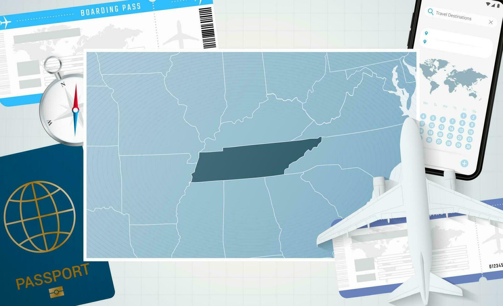 reis naar Tennessee, illustratie met een kaart van Tennessee. achtergrond met vliegtuig, cel telefoon, paspoort, kompas en kaartjes. vector