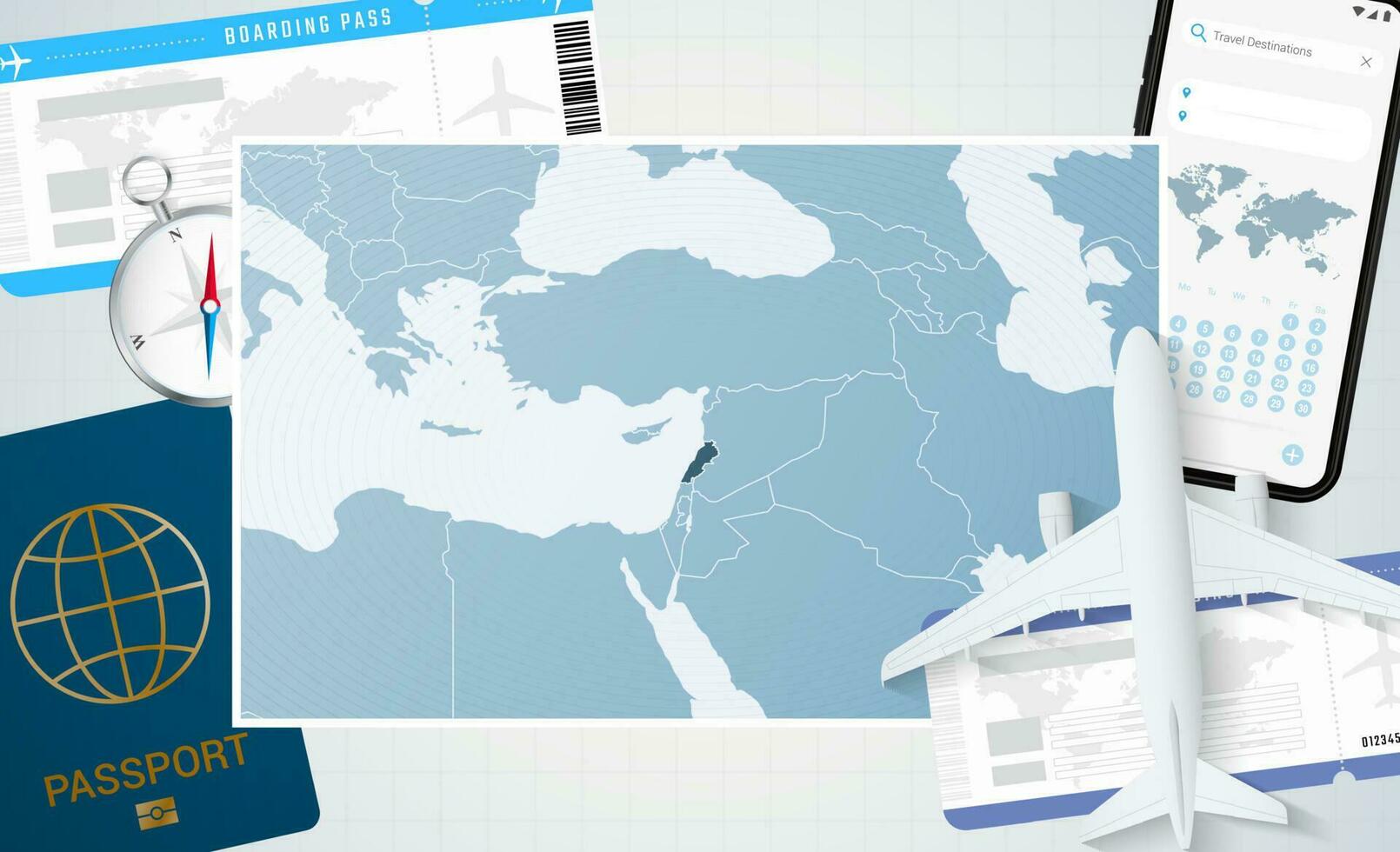 reis naar Libanon, illustratie met een kaart van Libanon. achtergrond met vliegtuig, cel telefoon, paspoort, kompas en kaartjes. vector