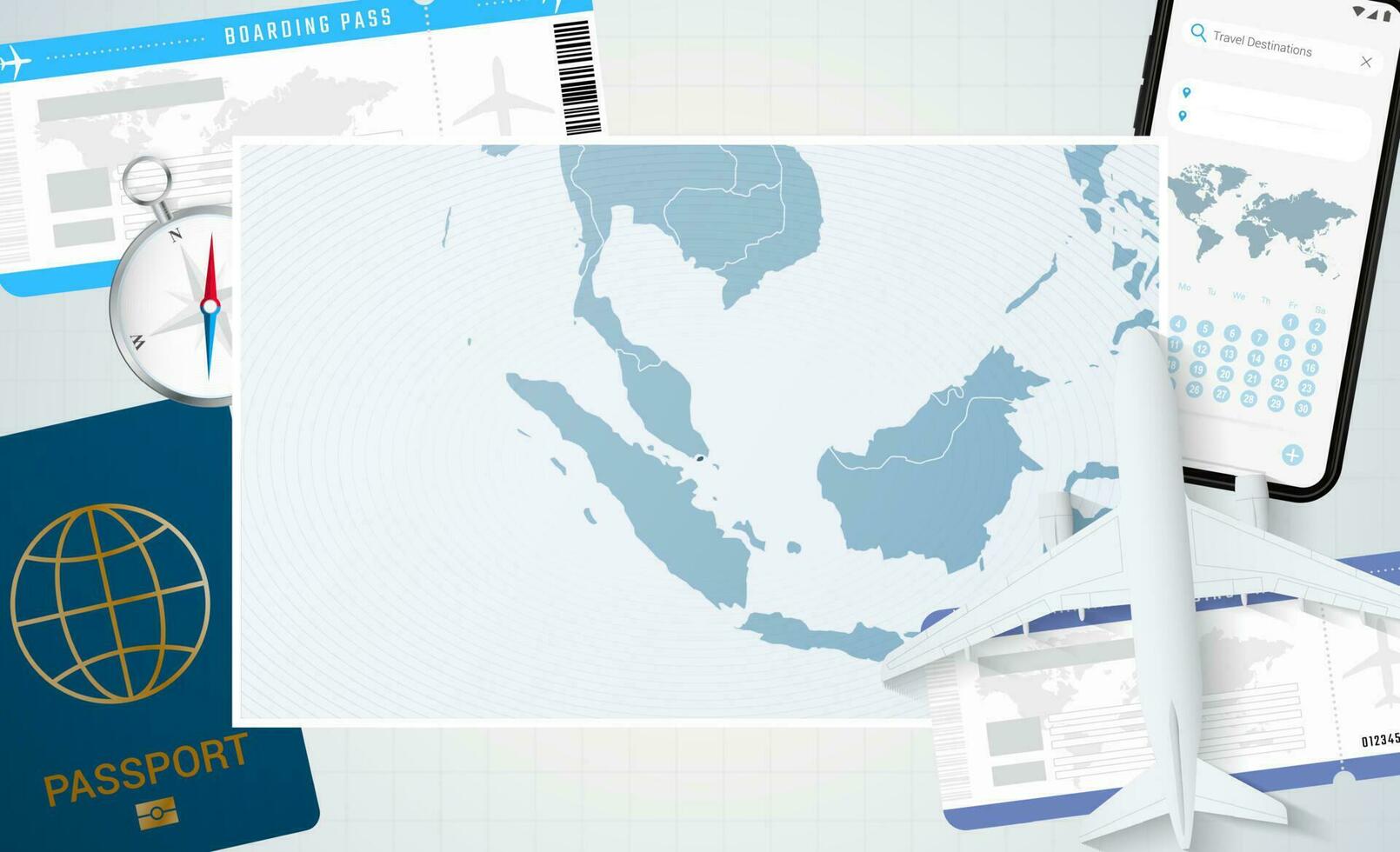 reis naar Singapore, illustratie met een kaart van Singapore. achtergrond met vliegtuig, cel telefoon, paspoort, kompas en kaartjes. vector