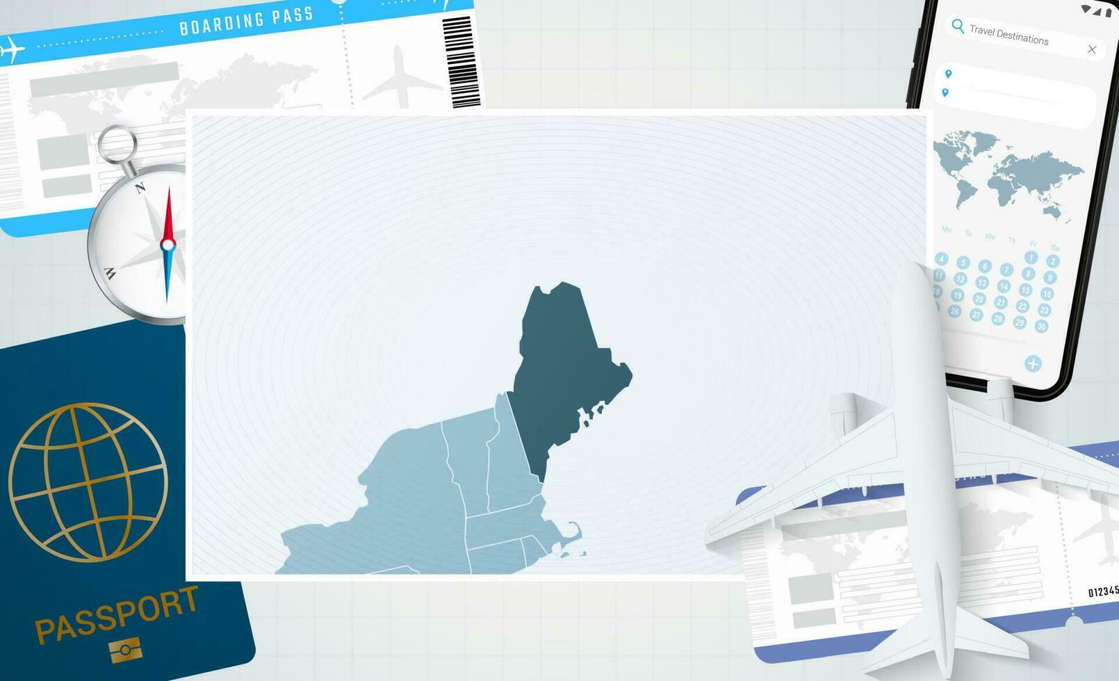 reis naar Maine, illustratie met een kaart van Maine. achtergrond met vliegtuig, cel telefoon, paspoort, kompas en kaartjes. vector
