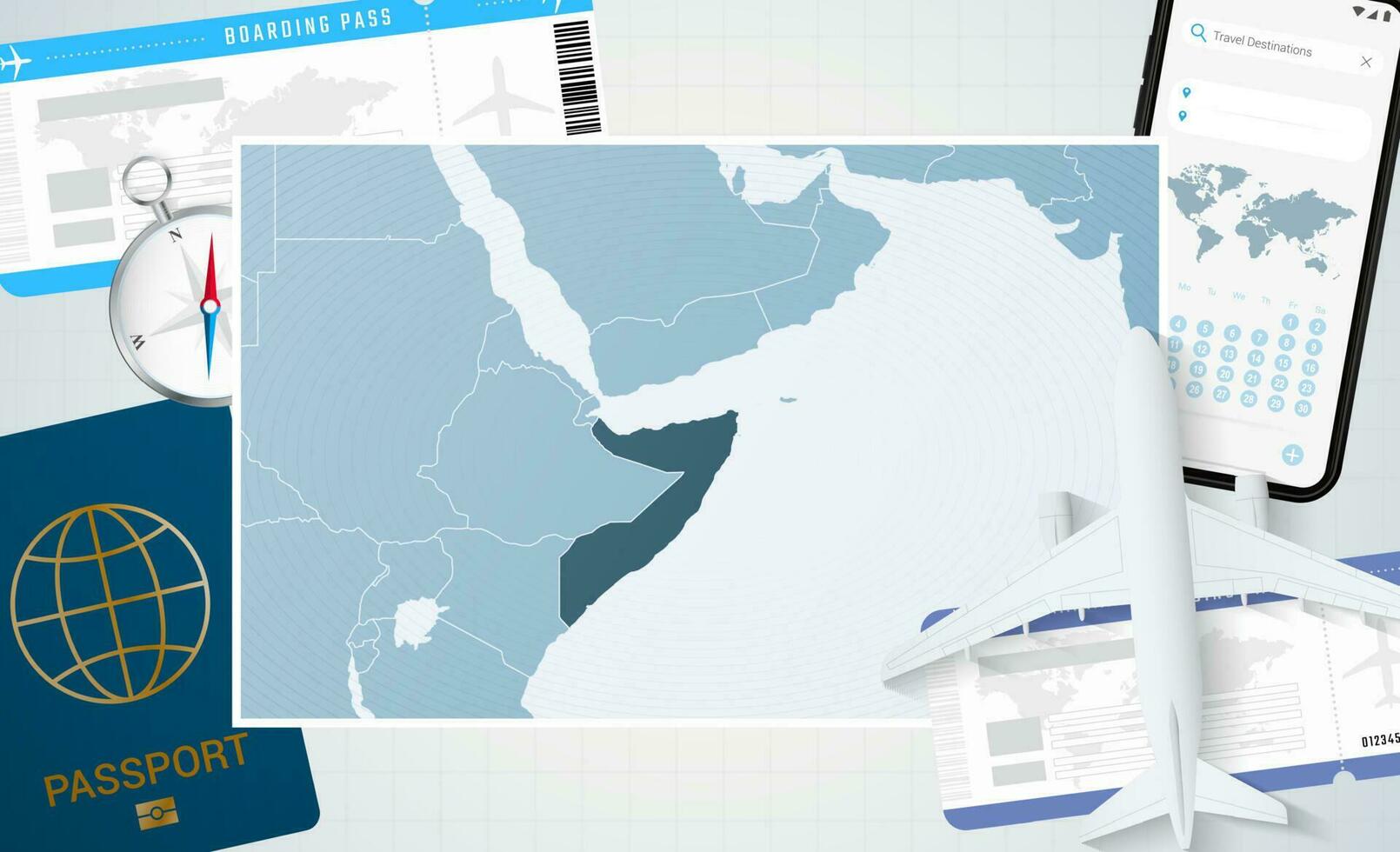 reis naar Somalië, illustratie met een kaart van Somalië. achtergrond met vliegtuig, cel telefoon, paspoort, kompas en kaartjes. vector