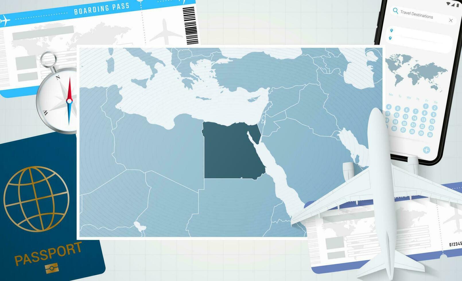 reis naar Egypte, illustratie met een kaart van Egypte. achtergrond met vliegtuig, cel telefoon, paspoort, kompas en kaartjes. vector