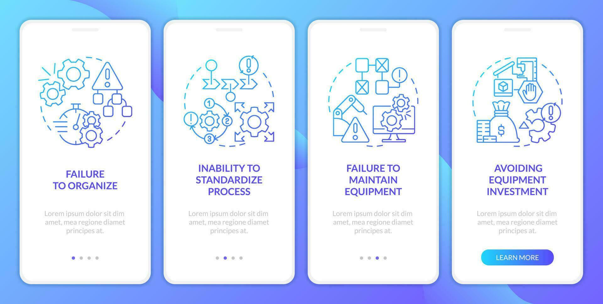 risico's in smed implementatie blauw helling onboarding mobiel app scherm. walkthrough 4 stappen grafisch instructies met lineair concepten. ui, ux, gui sjabloon vector