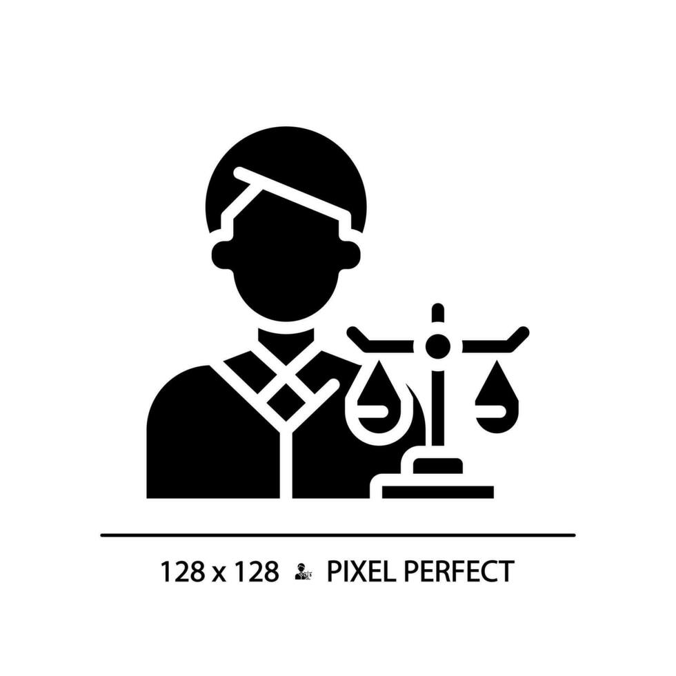 advocaat in wet pixel perfect rgb kleur icoon. advocaat beschermen cliënt rechten in rechtbank. wettelijk oordeel regulatie. silhouet symbool Aan wit ruimte. solide pictogram. vector geïsoleerd illustratie